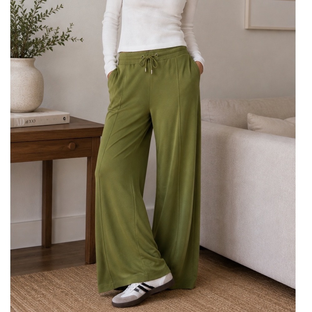 Esprit Wide Leg Modal Pull On Pants Women S Olive Green Atleisure Elastic Waist